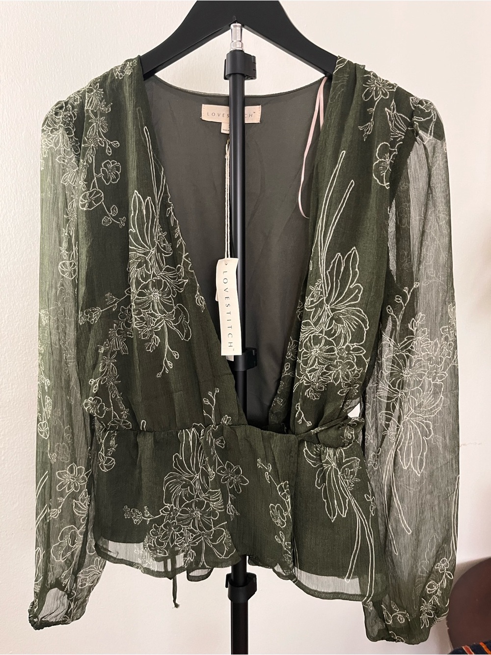 lovestitch olive green floral sheer wrap blouse